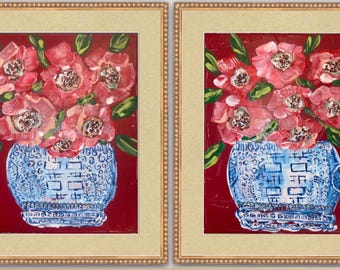 Pair of Fine Art Canvas Paper “Poppies and Porcelain” Prints Matted in Linen and Framed in Beaded Wooden Gold Frames