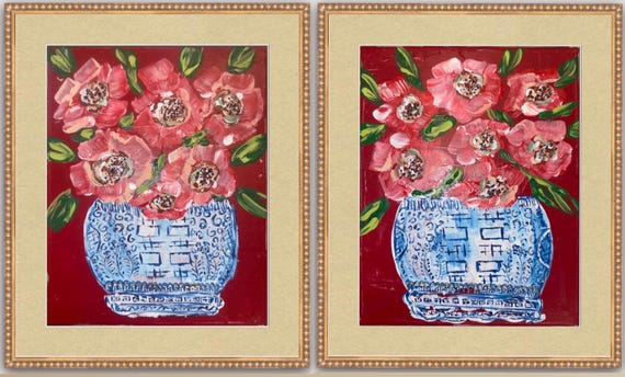 Pair of Fine Art Canvas Paper “Poppies and Porcelain” Prints Matted in Linen and Framed in Beaded Wooden Gold Frames