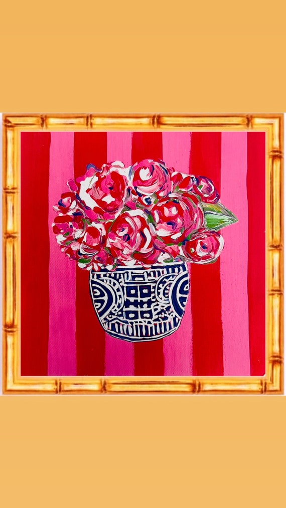 Fine Art Canvas Paper Striped Florals Framed in Gilded Gold Bamboo