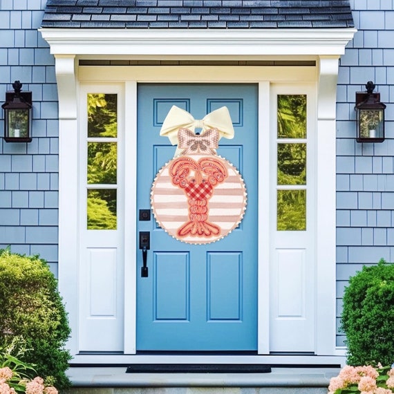 Large Lobster Door Hanger: Striped Nautical Decor (30 inch)