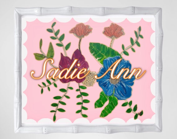 LARGE Fine Art Nursery Girl Name Print with Florals and Framed in White Bamboo