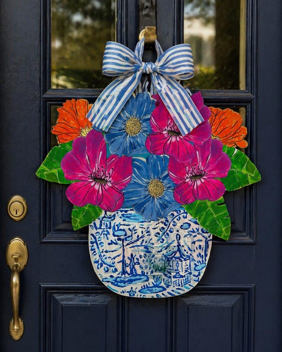 LARGE Designer Pansies in Ginger Jar Door Hanger (does NOT come with bow)