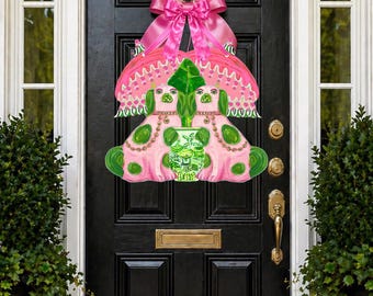 LARGE Designer Preppy Parasol Pink and Green Chinois Staffies Door Hanger (does NOT come with bow)