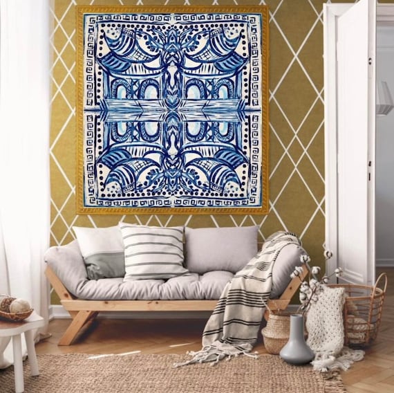 LARGE Rolled Canvas Paper Print Abstract Pagodas Blue and White (comes unframed; print only)