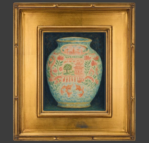 Chinoiserie Vase Art Print: Giclée Canvas with Gold Leaf Frame