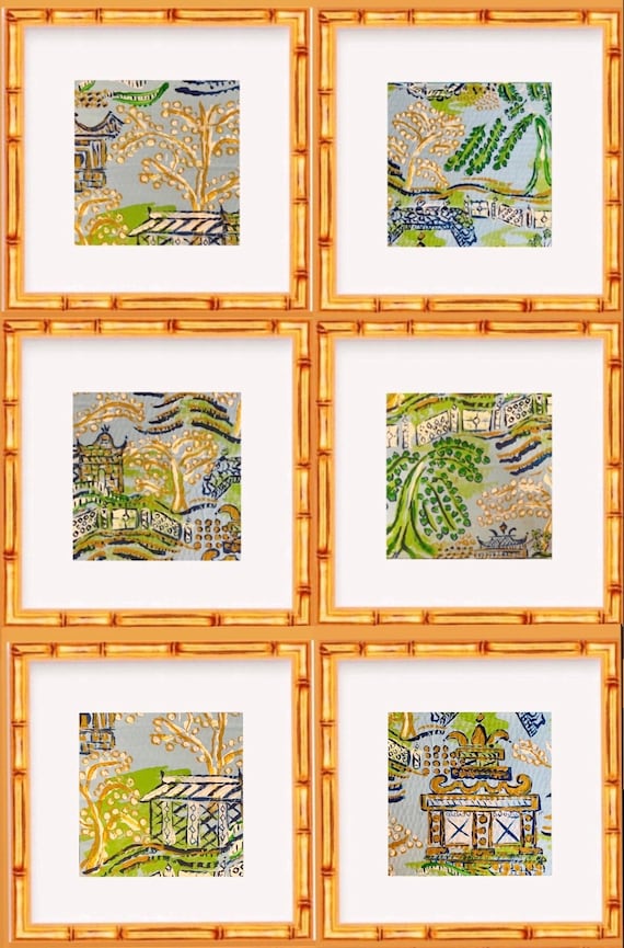 Set of Six Fine Art Canvas Paper Chinois Landscape Prints Matted and Framed