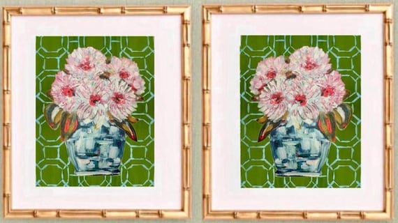 Pair of Chinoiserie Ginger Jar Florals Canvas Paper Framed Gicleè Prints in Gold Bamboo
