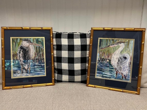 Pair of Herons Double Matted and Framed in Gold Bamboo Frames - Audobon Style