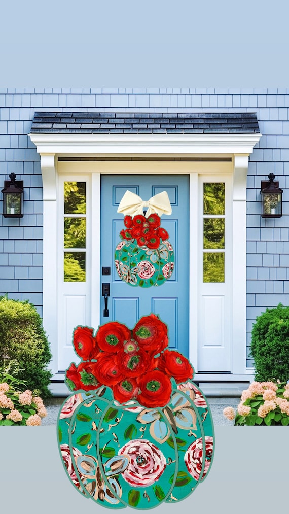 LARGE Door Hanger Red Florals in Ginger Jar Vase