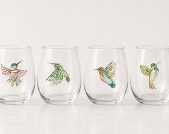 Set of Four Hummingbird Series Stemless Wine Glasses