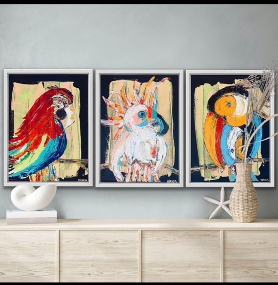 Trio of Tropical Birds Framed in White Linear Style Wooden Frames