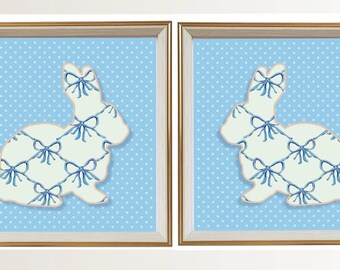 Pair of “Bunny Rococo Bows” Fine Art Nursery Prints Framed in Pale Blue/Pale Pink Frames