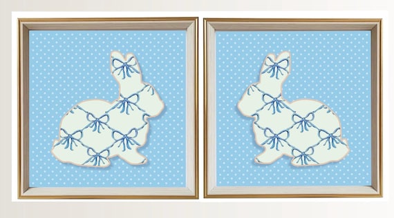 Pair of “Bunny Rococo Bows” Fine Art Nursery Prints Framed in Pale Blue/Pale Pink Frames