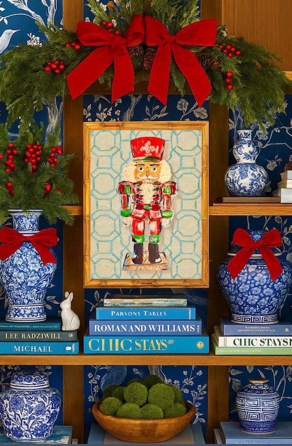 Single Fine Art Fleur de Lis Festive Nutcracker Christmas Print Framed in Gilded Gold Leaf Wooden Bamboo Frame