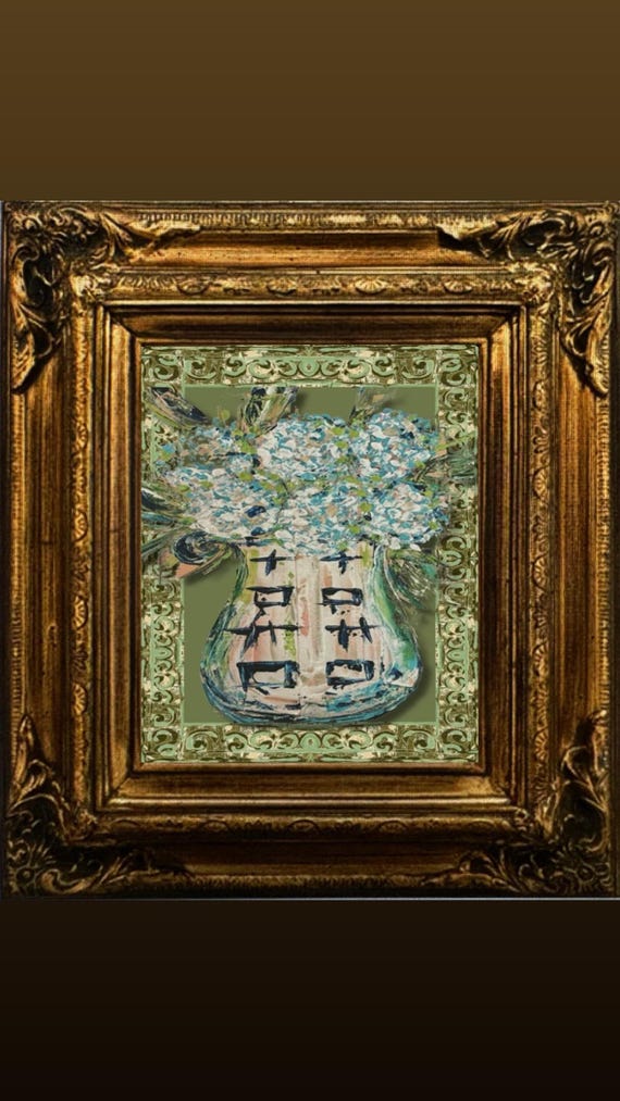 Large Framed “Hydrangeas in Ginger Jar” Canvas Board in Gilded Gold Leaf Frame