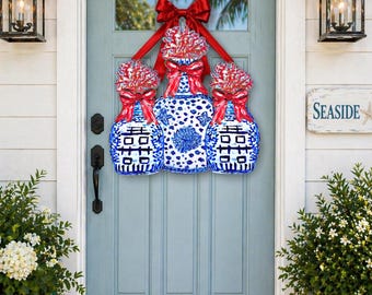 Colgador de puerta Branch Coral Trio RWB Ginger Jar: Decoración costera grande