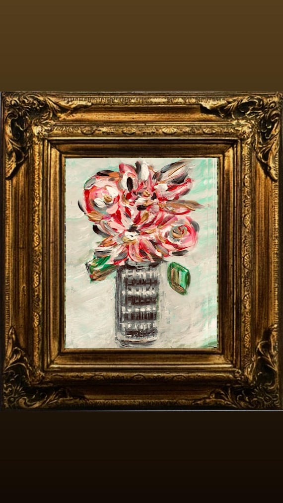 Large Framed “Vase de Fleurs” Canvas Board in Gilded Gold Leaf Frame