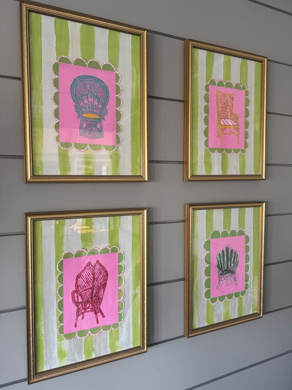 Set of Four Fine Art ORIGINAL Paintings of Vintage Chairs Matted in Gold Linear Beaded Frames