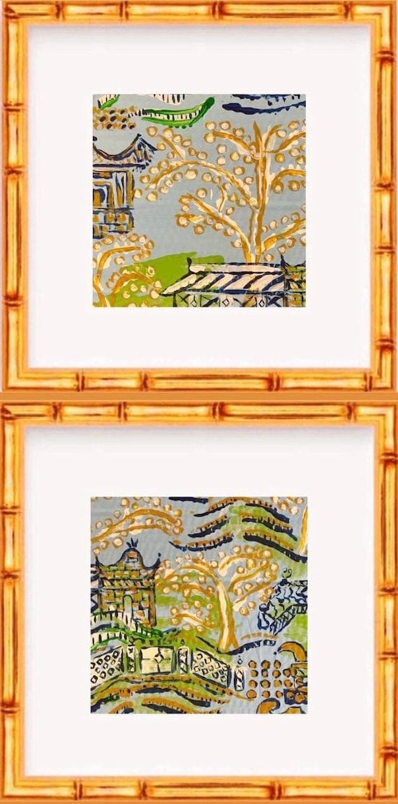 Chinois Landscape Prints: PAIR of Matted Canvas Paper Giclee Art (these come unframed)