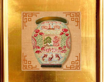 Single Fine Art Canvas Paper Ginger Jar Print Framed in Gilded Gold Leaf Wide Frame