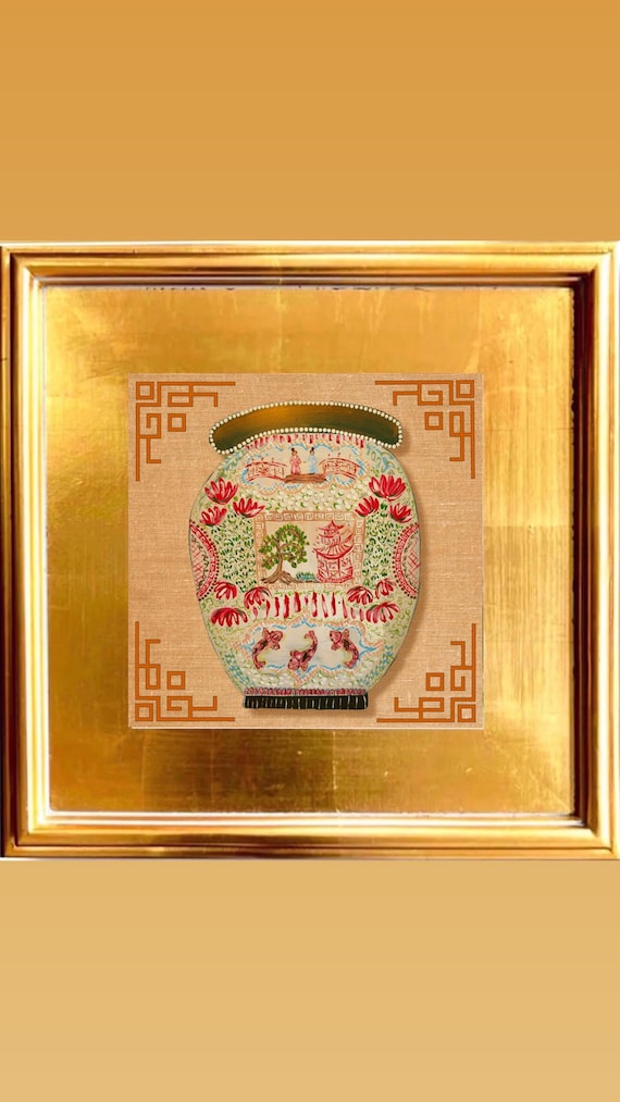 Single Fine Art Canvas Paper Ginger Jar Print Framed in Gilded Gold Leaf Wide Frame