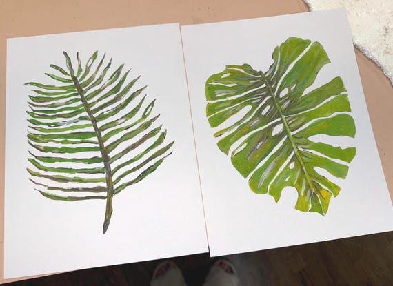 Pair of Fine Art Green Leaves Paper Prints Signed by Artist