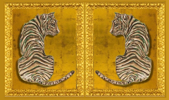 Golden Tigers Giclee Print Pair: Baroque Gold Leaf Frames