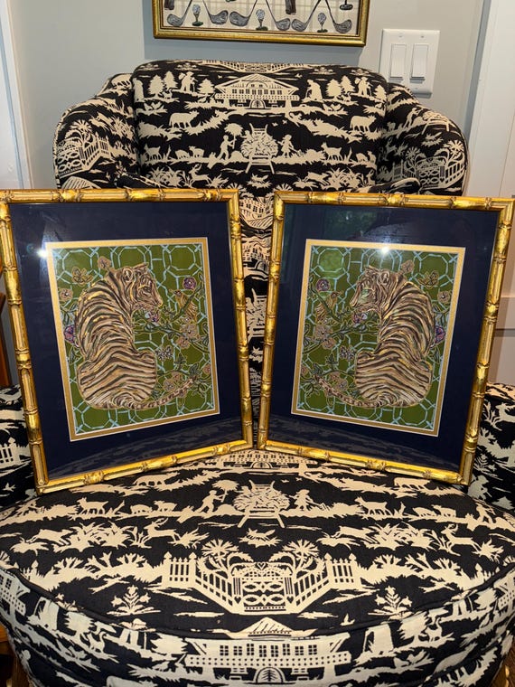 Pair of Chinois Tigress Prints Double Matted and Framed in Gilded Gold Bamboo Frames