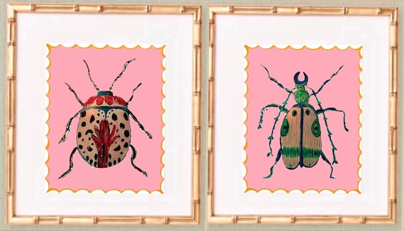 Beetle Art Prints: Framed Canvas Paper Pair in Gold Bamboo