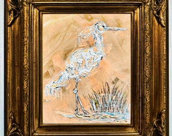Large Gicleè Canvas Panel Demure Heron Framed in Ornate Wooden Gilded Gold Leaf Frame