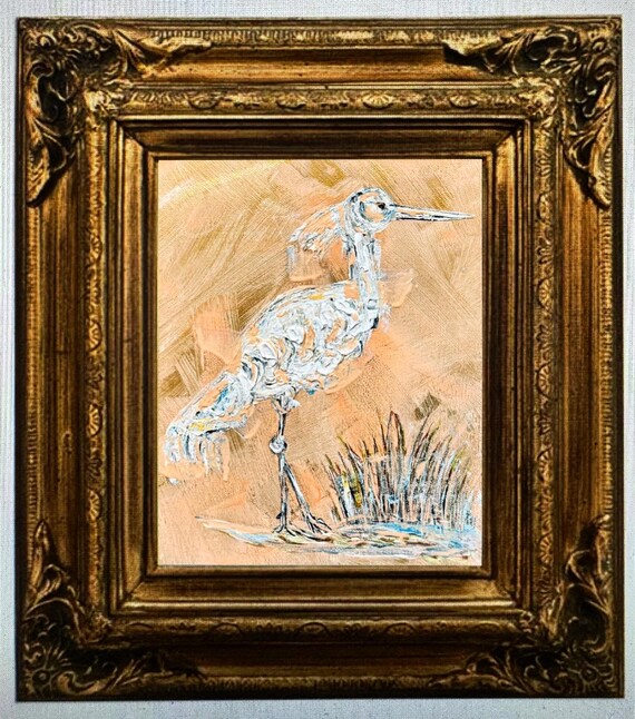 Large Gicleè Canvas Panel Demure Heron Framed in Ornate Wooden Gilded Gold Leaf Frame