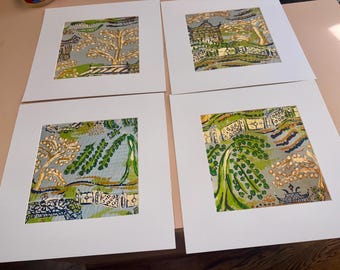 Chinois Landscape Prints: Set of Four Matted Canvas Paper Giclee Art (these come unframed)