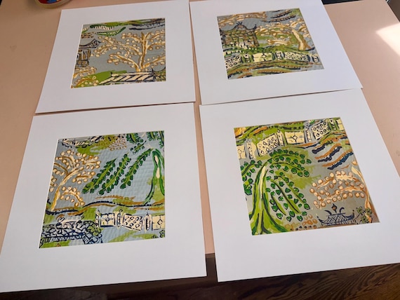 Chinois Landscape Prints: Set of Four Matted Canvas Paper Giclee Art (these come unframed)
