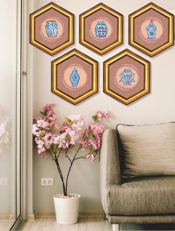 Hexagon Gilded Gold Gallery Wall Art Prints: Set of Five