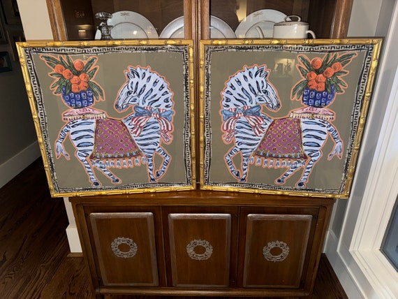 Pair of Chinois Zebra Fine Art Canvas Paper Prints Framed in Gilded Gold Bamboo