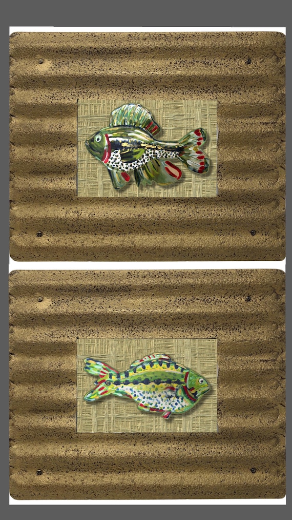 Pair of Fine Art Canvas Paper Fish Prints Framed in Recycled Corrugated Tin Frames
