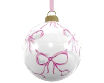 Set of Six Hand Painted Ceramic Ornament Baubles with Repeat Pattern of Pink or Blue Bows and comes with Pink/Blue Velvet Ribbon