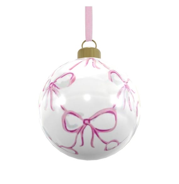 Set of Six Hand Painted Ceramic Ornament Baubles with Repeat Pattern of Pink or Blue Bows and comes with Pink/Blue Velvet Ribbon