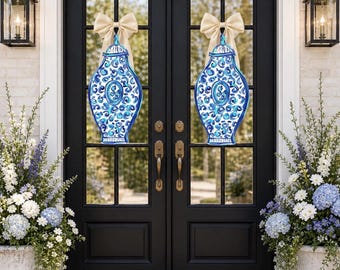 Blue & White Ginger Jar Door Hangers: PVC Composite Pair