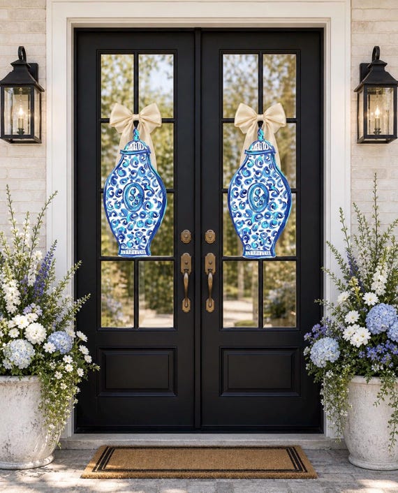 Blue & White Ginger Jar Door Hangers: PVC Composite Pair