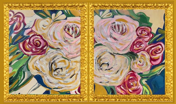 Framed Floral Canvas Prints: Gilded Baroque Frames, 20x24 Pair