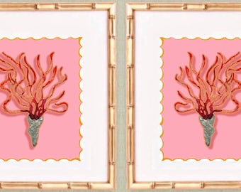 Pair of Fine Art Coral Prints Single Matted in White and Framed in Gold Bamboo