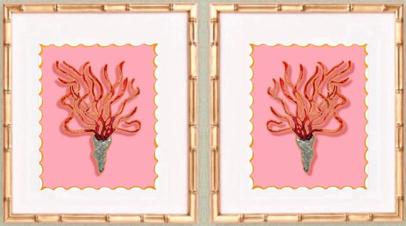 Pair of Fine Art Coral Prints Single Matted in White and Framed in Gold Bamboo