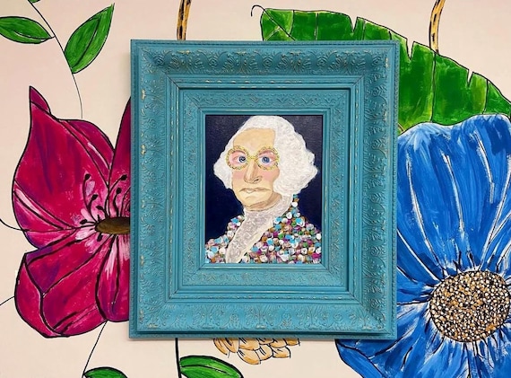 Funky George Fine Art Whimsical Canvas Board Framed in Similar Wooden Ornate Frame Painted in a Blue Tone