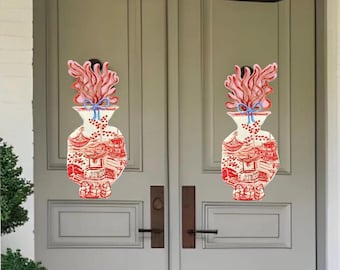 Ginger Jar Door Hangers: Red/Pink & White PVC Decor (Pair)