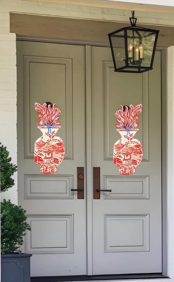Ginger Jar Door Hangers: Red/Pink & White PVC Decor (Pair)