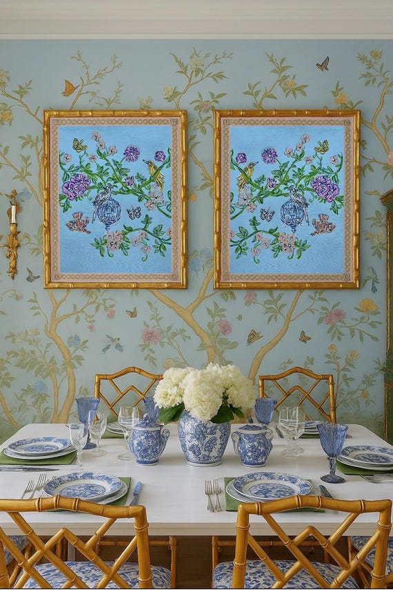 LARGE Chinois Sing Sing SongBird Canvas Paper Gicleès Framed in Gilded Gold Bamboo Frames