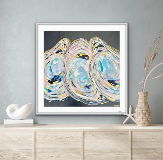 Oyster Trio Giclee Print: Coastal Fine Art on Canvas (30x30)