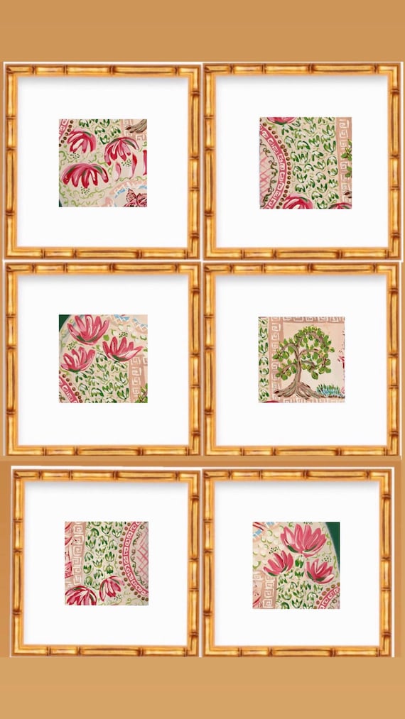 Set of Six Fine Art Canvas Paper Chinois Landscape Prints Matted and Framed