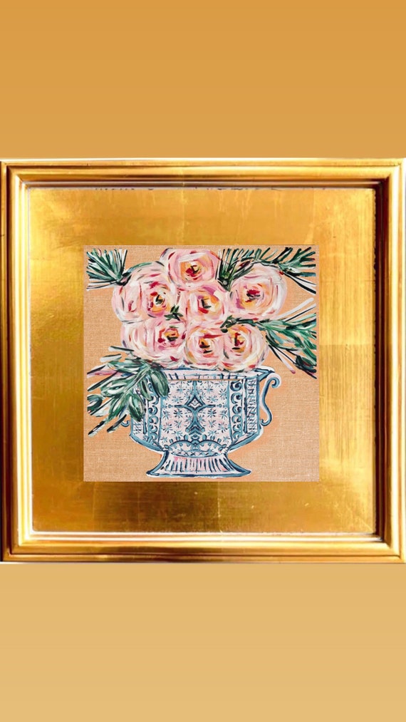 Floral Ginger Jar Print: Gilded Gold Leaf Frame, Fine Art Canvas Paper